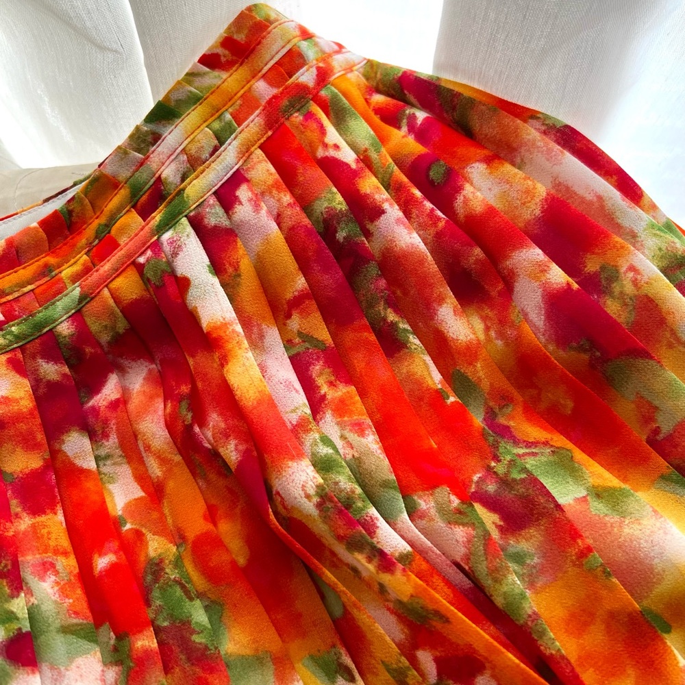 Spring Orange Floral Pleated Skirt